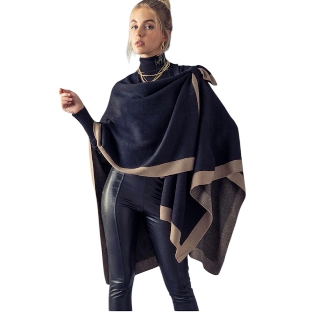🆕 DO EVERYTHING IN LOVE Black and Tan Poncho With Side Tab OSFA